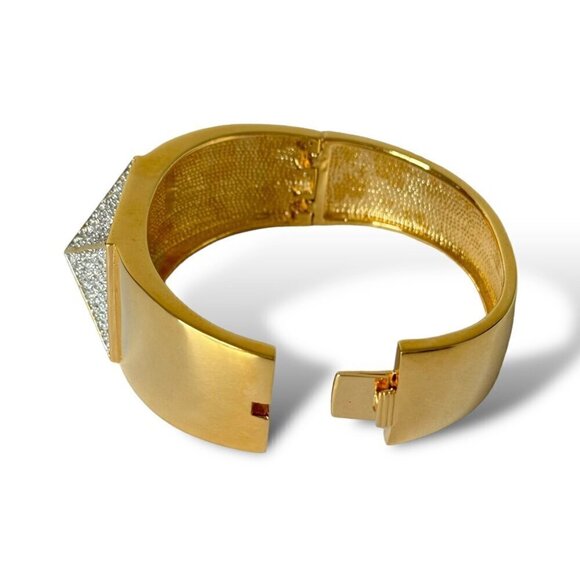 18K Gold Plated CZ Paved Pyramid Wide Bangle Cuff Bracelet For Women - Picture 7 of 10